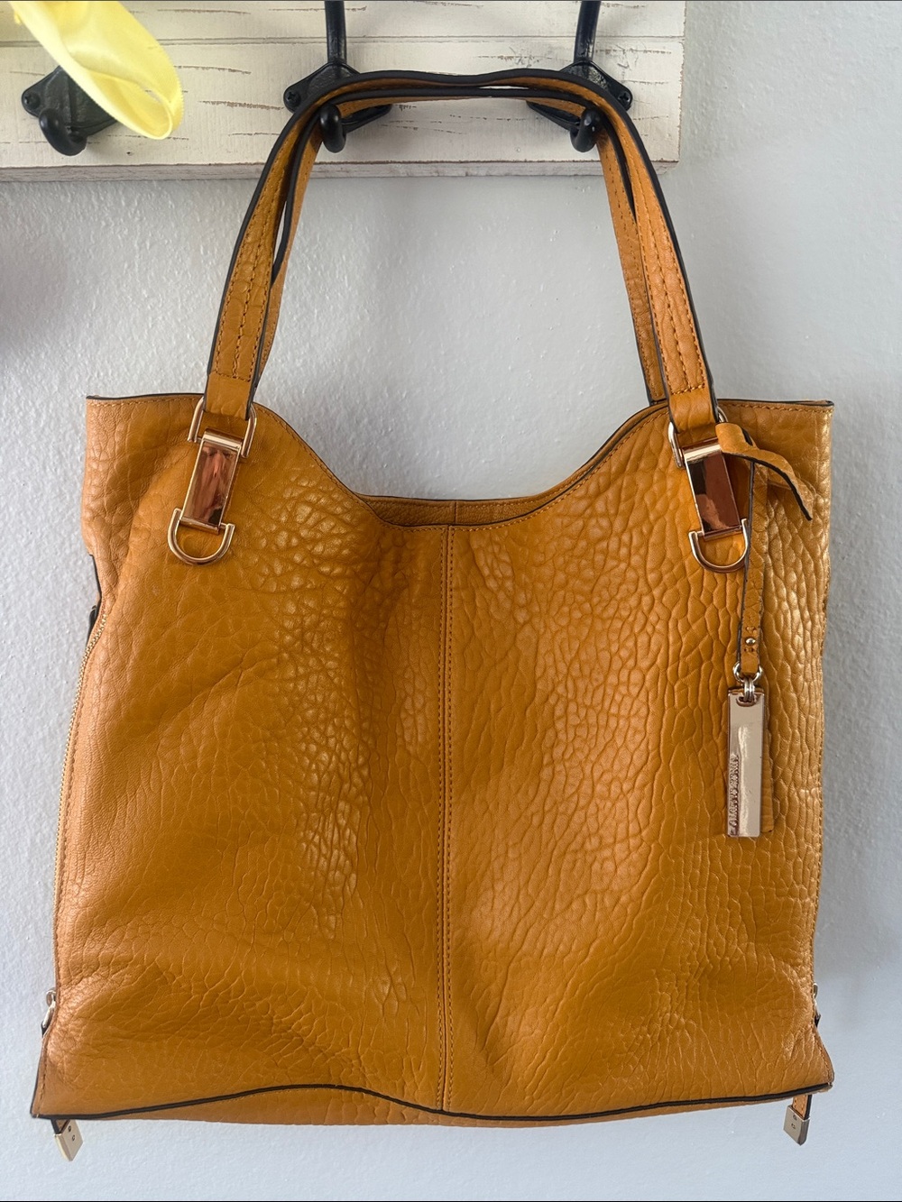 Vince Camuto Mustard Pebbled Leather Tote with Gold Hardware